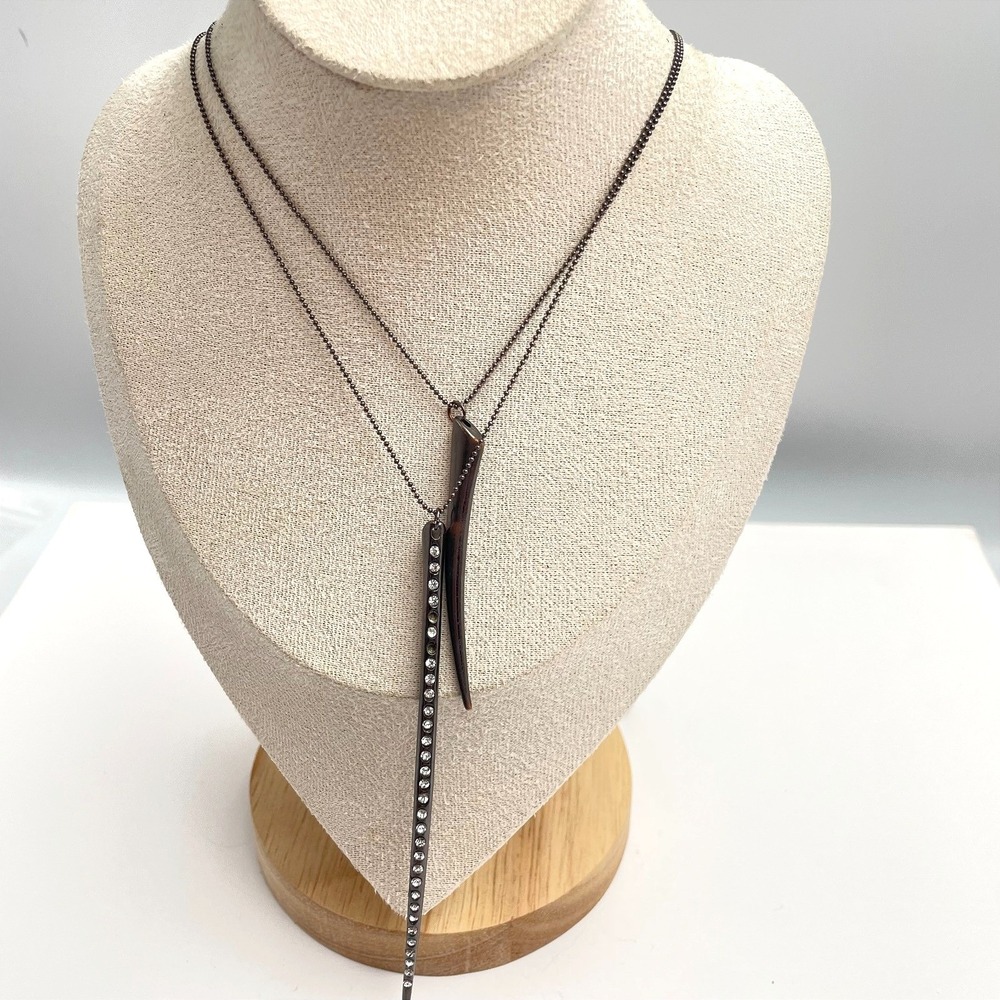 Vintage Y2K Gunmetal Double Layer Spike Rhinestone Horn Pendant Necklace Jewelry